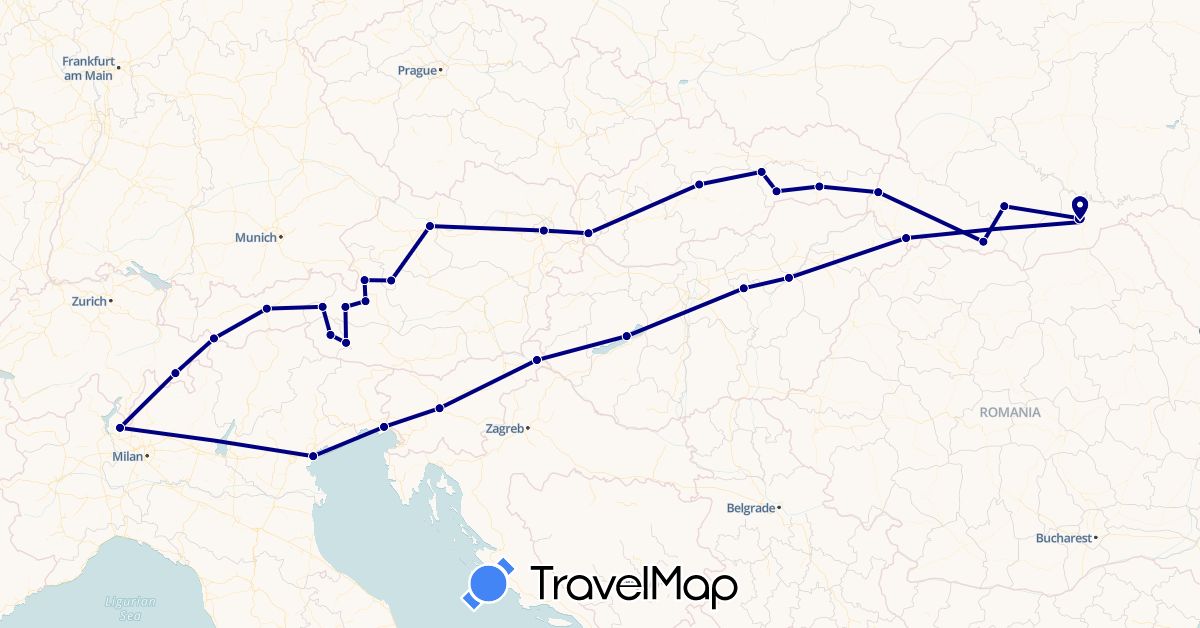 TravelMap itinerary: driving in Austria, Switzerland, Hungary, Italy, Slovenia, Slovakia, Ukraine (Europe)